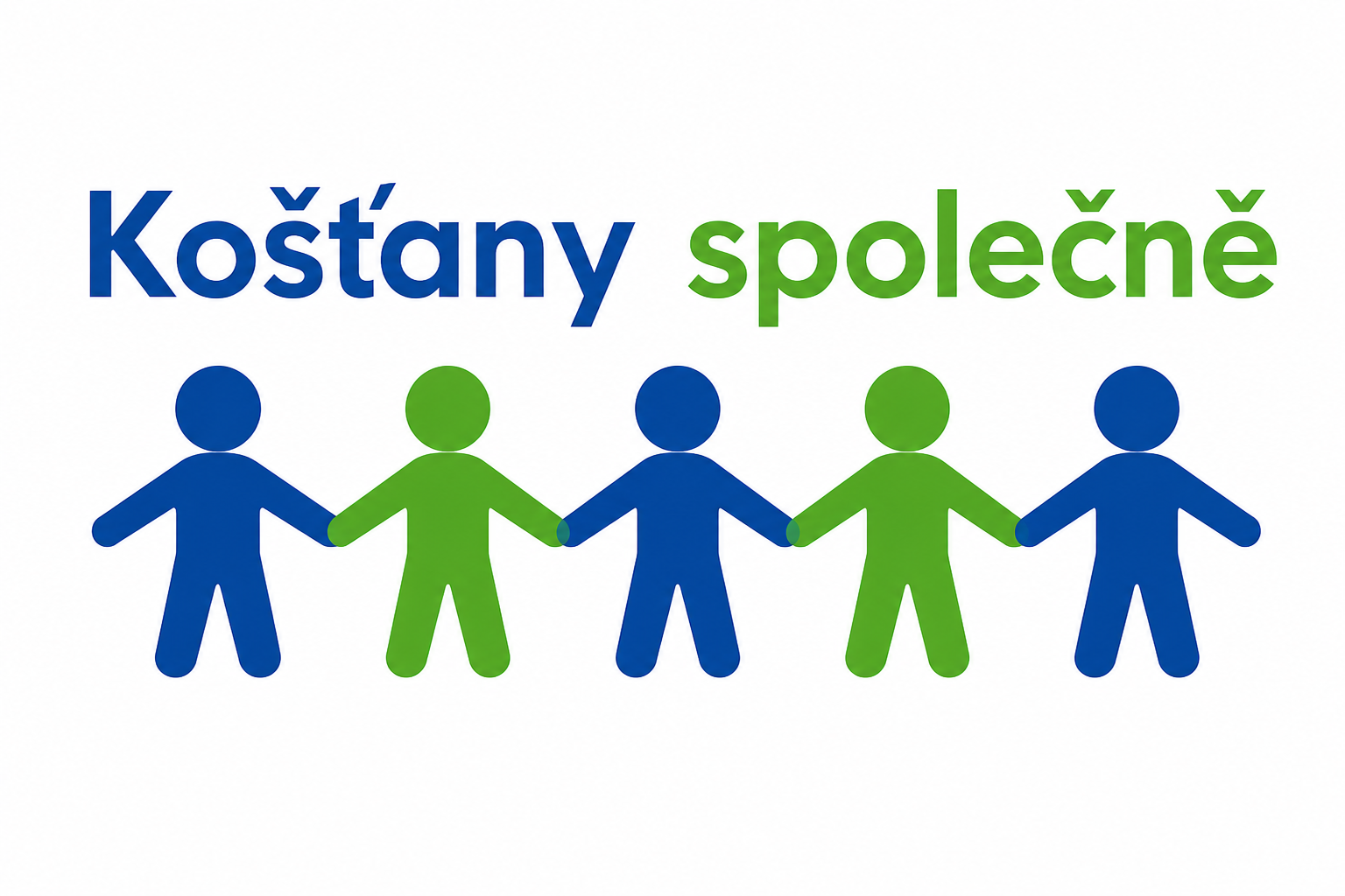 Ilustrační skupina pěti barevných postav pod textem „Košťaňy společně“ na bílém pozadí.